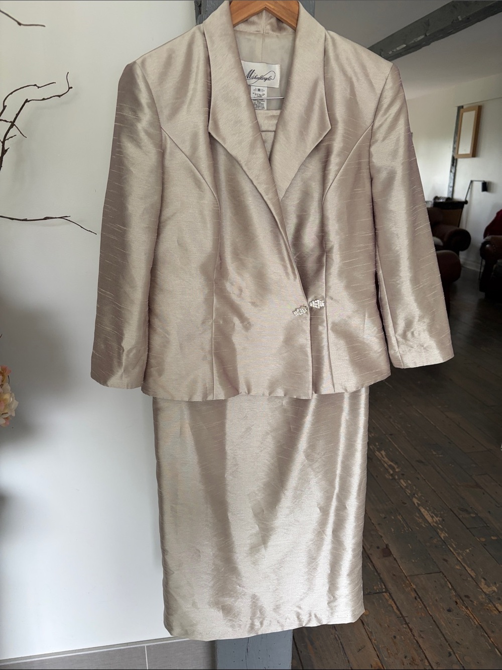 Michaelangelo Shimmery Taupe Two-Piece Jacket and Skirt stunning suit